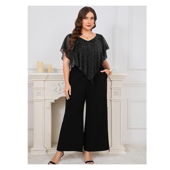 ZOMVA - 3X Black Sparkly Mesh V Neck Wide Leg Mother of The Bride Pantsuit - Picture 8 of 11